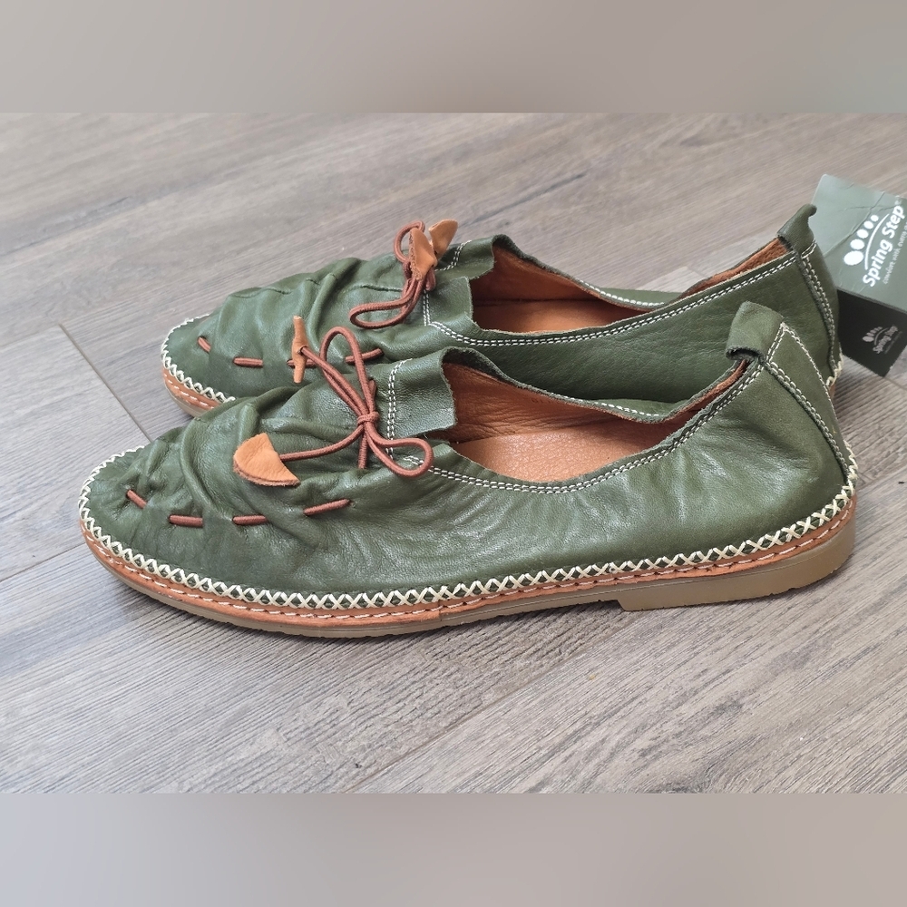Spring Step Womens Berna Leather Green Brown Slip On's Flats - Picture 3 of 8